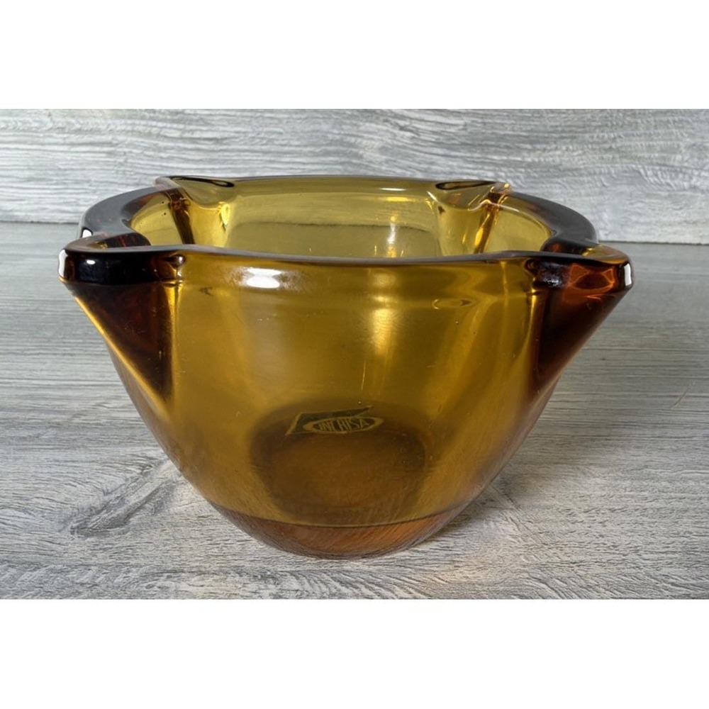 Incrisa Ashtray Mexico Mexican Amber Glass W/ Foil Label MCM Tobacciana Vintage